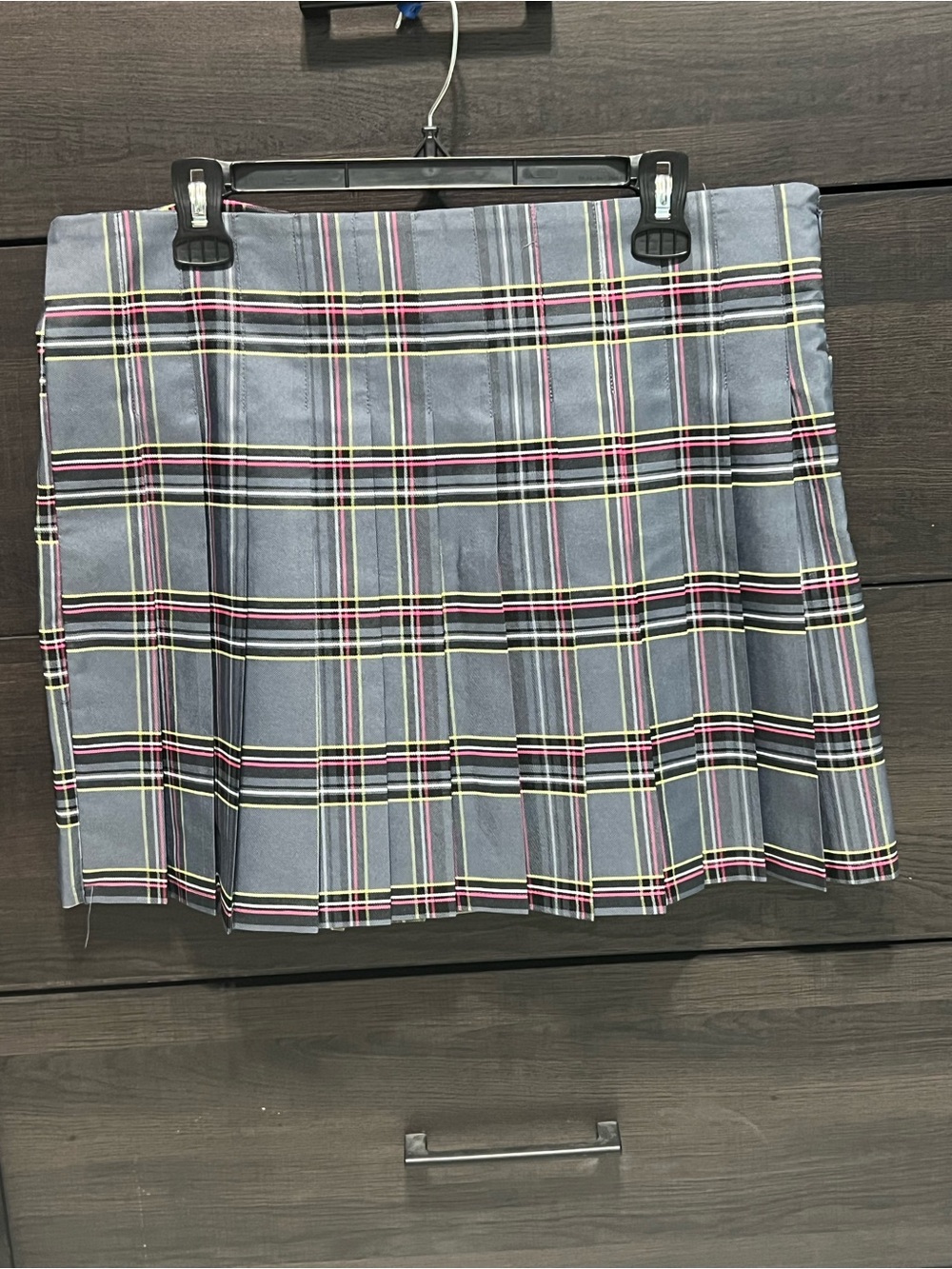No Boundaries Gray Plaid Pleated Mini Skirt with Pink & Yellow Stripes